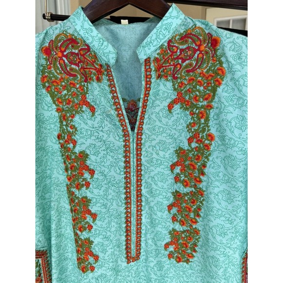 Embroidered And Printed Kurta Shirt W Pockets - Cotton - Light Blue -Size XS 8 - Picture 2 of 4